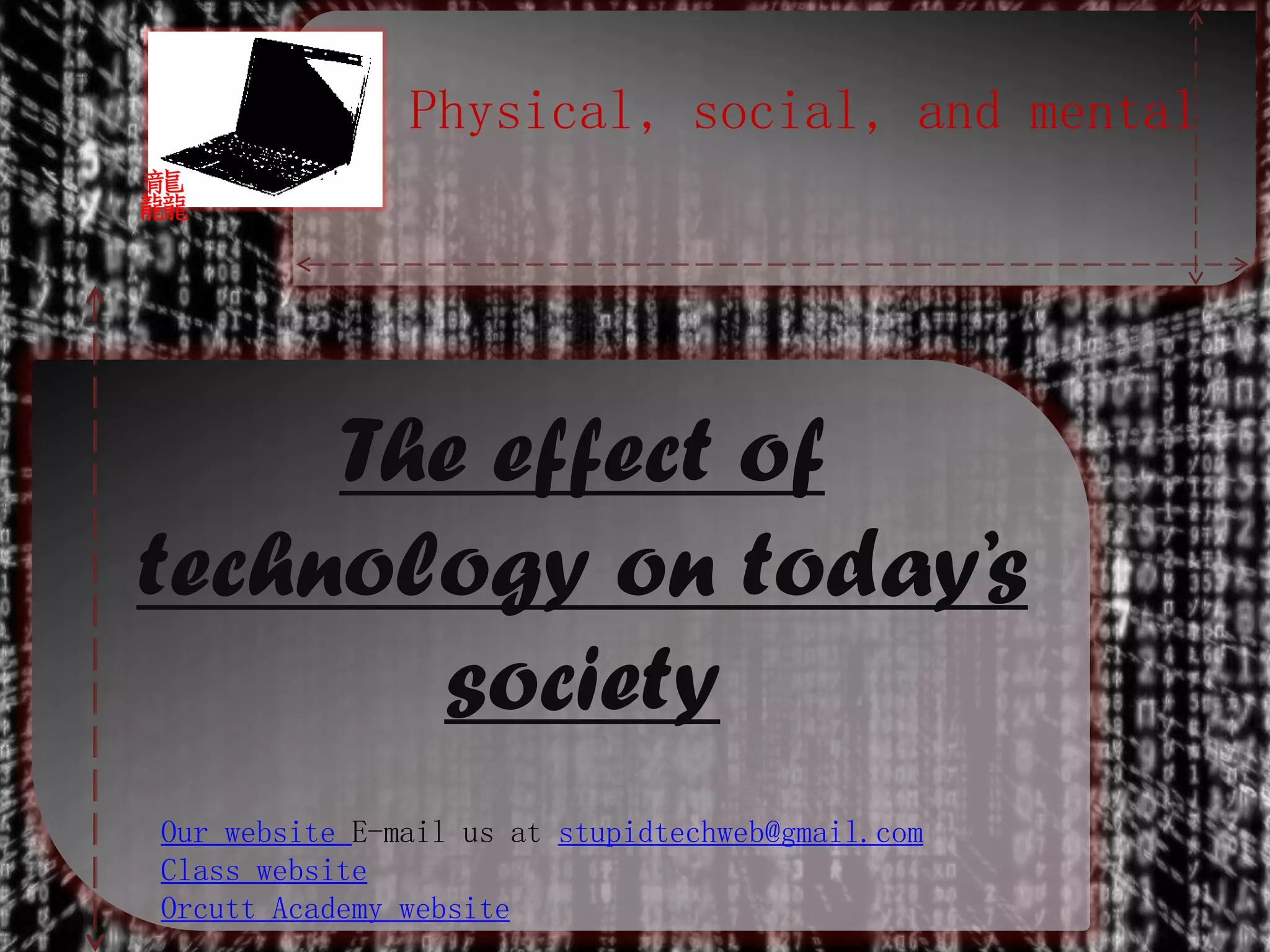 Physical, social, and mental
龘
The effect of
technology on today’s
society
Our website E-mail us at stupidtechweb@gmail.com
Class website
Orcutt Academy website