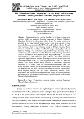 Impact of Jigsaw Cooperative Learning on Elementary Islamic Religious ...