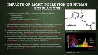 IMPACTS OF LIGHT POLLUTION ON HUMAN
POPULATIONS
• Negative effects on human health by suppression of Melatonin Hormone
• Strong antioxidant
• Protective hormone
• Oncostatic (inhibits the growth of cancer cells)
(Pauly, 2004; Falchia, et al, 2011; Stevens, et al, 2013)
• Disruption of circadian rhythms leading to sleep disorders, depression, reproductive
disorders and increase in metabolic conditions such as obesity and diabetes (Pauly,
2004; Boyce, 2010; Wysea, et al, 2011; Falchia, et al, 2011;Stevens, et al, 2013).
• Human health particularly effected by blue wavelength, high intensity light,
utilised in high intensity outdoor lighting such as high pressure sodium lighting
and mercury vapour lighting(Pauly, 2004; Stevens, et al, 2013; Gaston, et al, 2014).
• The international Agency for Cancer Research suggests that shift work and
circadian rhythm disruptions can result in higher cancer rates; with increased risk
of breast cancer in women based on the “Light-at-Night Theory” (Stevens, 2009;
Stevens, 2013).
• Research: insertion of cancer cells into the groins of lab rats with measurements
taken of cancer cell growth: results constant light exposure group showed increased
growth rate of cancer cells (Pauly, 2004).
(Falchia, et al, 2011)
(CenBlog.org, 2011)
 