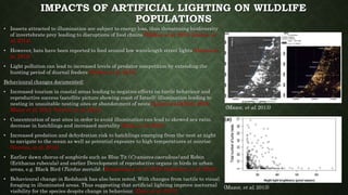 IMPACTS OF ARTIFICIAL LIGHTING ON WILDLIFE
POPULATIONS
• Insects attracted to illumination are subject to energy loss, thus threatening biodiversity
of invertebrate prey leading to disruptions of food chains (Holker, et al, 2010; Gaston, et
al, 2014).
• However, bats have been reported to feed around low wavelength street lights (Gaston,et
al, 2013)
• Light pollution can lead to increased levels of predator competition by extending the
hunting period of diurnal feeders (Holker, et al, 2010).
Behavioural changes documented:
• Increased tourism in coastal areas leading to negative effects on turtle behaviour and
reproductive success (satellite picture showing coast of Israel): illumination leading to
nesting in unsuitable nesting sites or abandonment of nests (Loncore and Rich, 2010;
Mazor et al, 2013; Verutes, et al, 2014).
• Concentration of nest sites in order to avoid illumination can lead to skewed sex ratio,
decrease in hatchlings and increased mortality (Deda, et al, 2007)
• Increased predation and dehydration risk to hatchlings emerging from the nest at night
to navigate to the ocean as well as potential exposure to high temperatures at sunrise
(Verutes, et al, 2014).
• Earlier dawn chorus of songbirds such as Blue Tit (Cyanistes caeruleus) and Robin
(Erithacus rubecula) and earlier Development of reproductive organs in birds in urban
areas, e.g. Black Bird (Turdus merula). (Kempenaers, et al, 2010; Dominoni, et al, 2015).
• Behavioural change in Redshank has also been noted. With changes from tactile to visual
foraging in illuminated areas. Thus suggesting that artificial lighting improve nocturnal
visibility for the species despite change in behaviour. (Dyer, et al, 2013).
(Mazor, et al, 2013)
(Mazor, et al, 2013)
 
