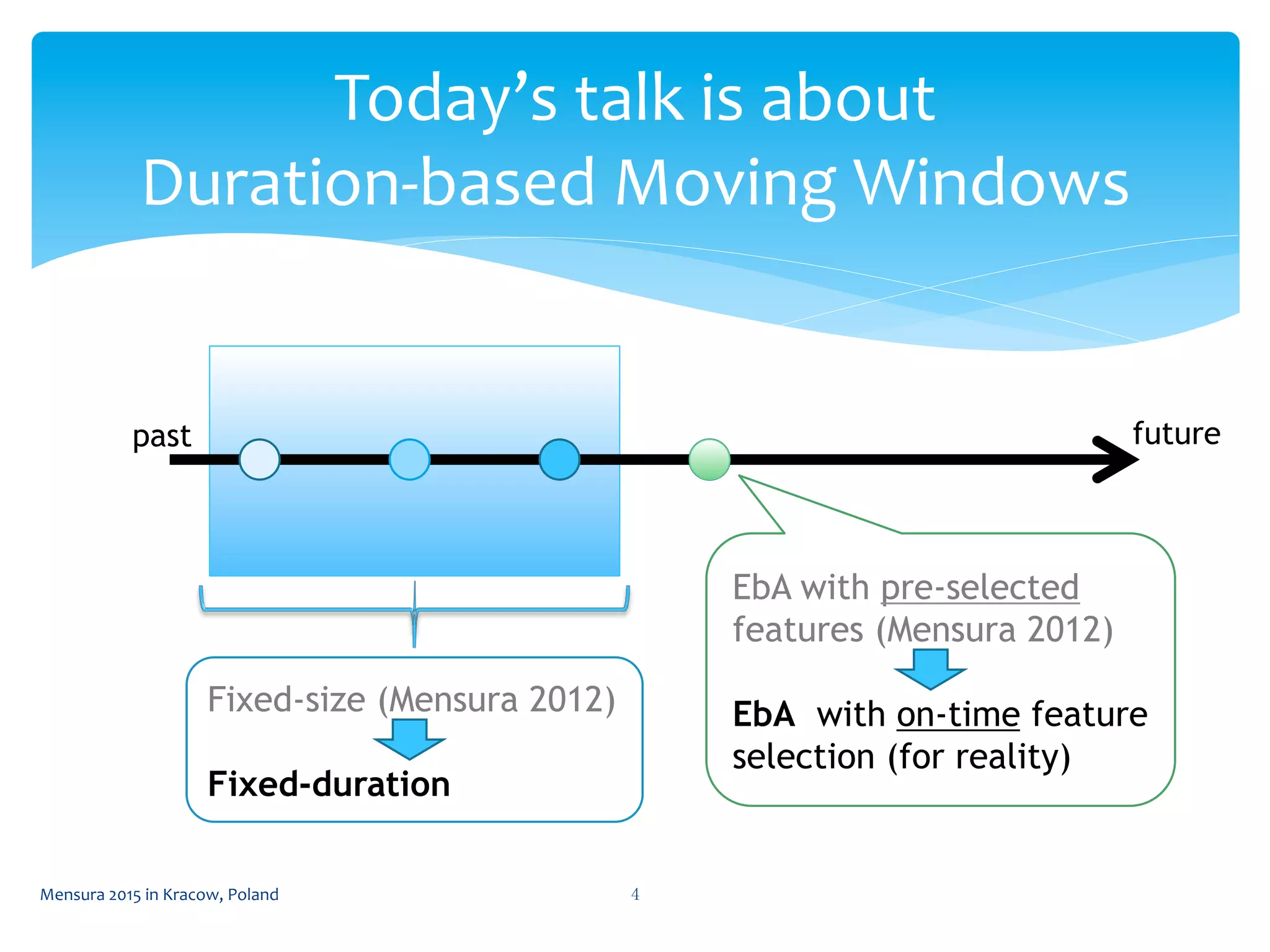 Today’s	
  talk	
  is	
  about	
  
Duration-­‐based	
  Moving	
  Windows	
 
4	
 Mensura	
  2015	
  in	
  Kracow,	
  Poland	
 
past	
 future	
Fixed-size (Mensura 2012)
Fixed-duration
EbA with pre-selected
features (Mensura 2012)
EbA with on-time feature
selection (for reality)
 