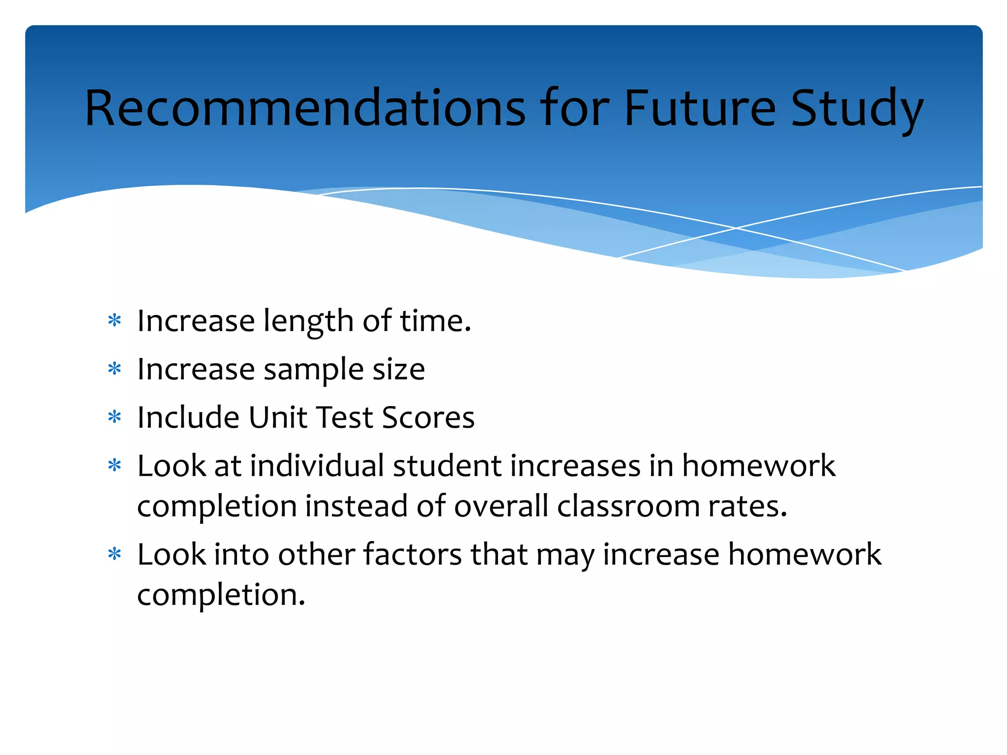 Increase length of time.
Increase sample size
Include Unit Test Scores
Look at individual student increases in homework
completion instead of overall classroom rates.
Look into other factors that may increase homework
completion.
Recommendations for Future Study
 