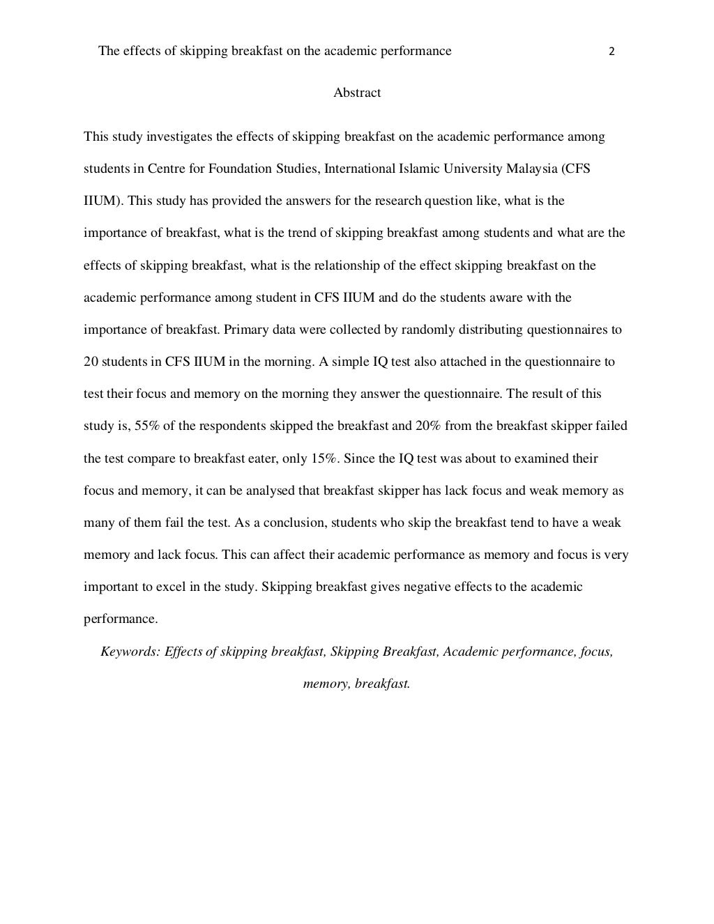The Effects Of Skipping Breakfast On The Academic Performance
