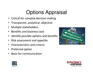 Options Appraisal
•   Critical for complex decision making
•   Transparent, analytical, objective
•   Multiple stakeholders
•   Benefits and business case
•   Identify possible options and benefits
•   Risk assessment and appetite
•   Characteristics and criteria
•   Preferred option
•   Basis for communication
 