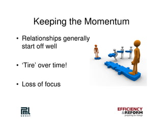 Keeping the Momentum
• Relationships generally
  start off well

• ‘Tire’ over time!

• Loss of focus
 