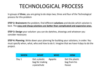 TECHNOLOGICAL PROCESS 
In groups of three, you are going to do steps two, three and four of the Technological 
process for this problem 
STEP 2: Brainstorm the problem, find different solutions and decide which solution is 
best. The easy and cheap solutions are better than complicated and expensive ones. 
STEP 3: Design your solution: you can do sketches, drawings and whatever you 
consider necessary 
STEP 4: Planning: Write down your planning for building your solutions, in order. You 
must specify when, what, who and how to do it. Imagine that we have 4 days to do the 
project. 
WHEN WHAT WHO HOW 
Day 1 Get a plastic 
bag for making 
a parachute 
Agapito Get the plastic 
bag from his 
house 
 