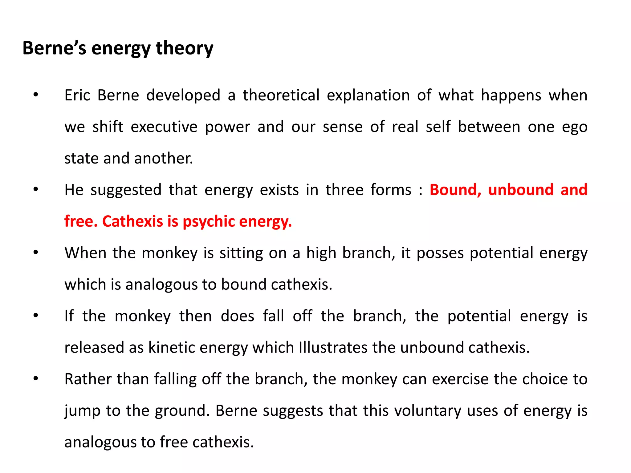 • Behavioural diagnosis - In behavioural diagnosis, you judge which ego
state a person is in by observing his behaviour. As you do so, you can see
or hear : words, tones, gestures, postures, facial expressions.
• Social diagnosis - The idea behind social diagnosis is that other people
will often relate to me from an ego state that complements the one I am
using.
• Historical diagnosis - In historical diagnosis, we ask questions about how
the person was as a child, we ask about the person’s parents and parent
figures.
• Phenomenological diagnosis - Phenomenological validation only occurs,
If the individual can re-experience the whole ego state in full intensity
with little weathering
Recognizing ego states
 
