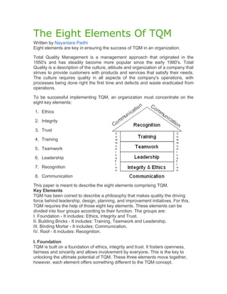 The Eight Elements Of TQM
Written by Nayantara Padhi
Eight elements are key in ensuring the success of TQM in an organization.

Total Quality Management is a management approach that originated in the
1950's and has steadily become more popular since the early 1980's. Total
Quality is a description of the culture, attitude and organization of a company that
strives to provide customers with products and services that satisfy their needs.
The culture requires quality in all aspects of the company's operations, with
processes being done right the first time and defects and waste eradicated from
operations.

To be successful implementing TQM, an organization must concentrate on the
eight key elements:

1. Ethics

2. Integrity

3. Trust

4. Training

5. Teamwork

6. Leadership

7. Recognition

8. Communication

This paper is meant to describe the eight elements comprising TQM.
Key Elements
TQM has been coined to describe a philosophy that makes quality the driving
force behind leadership, design, planning, and improvement initiatives. For this,
TQM requires the help of those eight key elements. These elements can be
divided into four groups according to their function. The groups are:
I. Foundation - It includes: Ethics, Integrity and Trust.
II. Building Bricks - It includes: Training, Teamwork and Leadership.
III. Binding Mortar - It includes: Communication.
IV. Roof - It includes: Recognition.

I. Foundation
TQM is built on a foundation of ethics, integrity and trust. It fosters openness,
fairness and sincerity and allows involvement by everyone. This is the key to
unlocking the ultimate potential of TQM. These three elements move together,
however, each element offers something different to the TQM concept.
 
