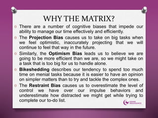 O There are a number of cognitive biases that impede our
ability to manage our time effectively and efficiently.
O The Projection Bias causes us to take on big tasks when
we feel optimistic, inaccurately projecting that we will
continue to feel that way in the future.
O Similarly, the Optimism Bias leads us to believe we are
going to be more efficient than we are, so we might take on
a task that is too big for us to handle alone.
O Bikeshedding describes our tendency to spend too much
time on menial tasks because it is easier to have an opinion
on simpler matters than to try and tackle the complex ones.
O The Restraint Bias causes us to overestimate the level of
control we have over our impulse behaviors and
underestimate how distracted we might get while trying to
complete our to-do list.
WHY THE MATRIX?
 