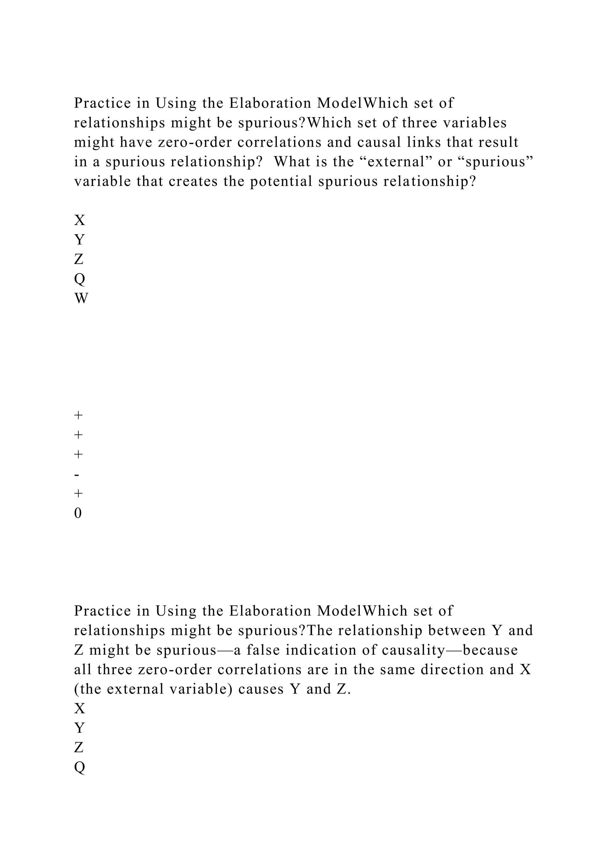 Practice in Using the Elaboration ModelWhich set of
relationships might be spurious?Which set of three variables
might have zero-order correlations and causal links that result
in a spurious relationship? What is the “external” or “spurious”
variable that creates the potential spurious relationship?
X
Y
Z
Q
W
+
+
+
-
+
0
Practice in Using the Elaboration ModelWhich set of
relationships might be spurious?The relationship between Y and
Z might be spurious—a false indication of causality—because
all three zero-order correlations are in the same direction and X
(the external variable) causes Y and Z.
X
Y
Z
Q
 