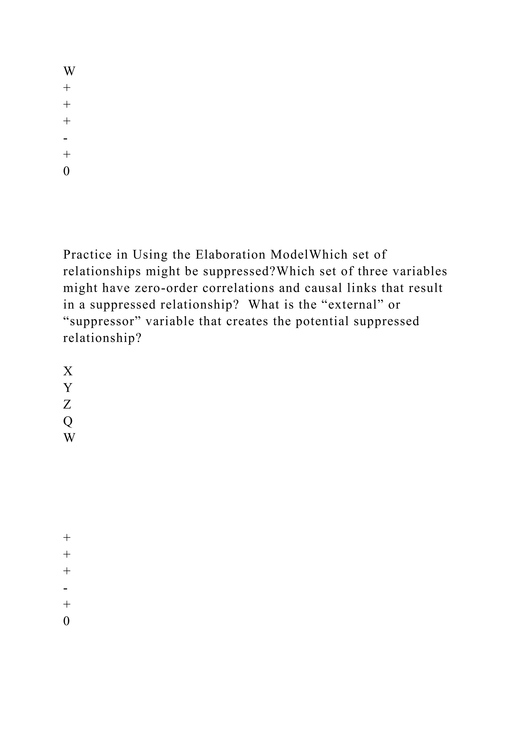 W
+
+
+
-
+
0
Practice in Using the Elaboration ModelWhich set of
relationships might be suppressed?Which set of three variables
might have zero-order correlations and causal links that result
in a suppressed relationship? What is the “external” or
“suppressor” variable that creates the potential suppressed
relationship?
X
Y
Z
Q
W
+
+
+
-
+
0
 