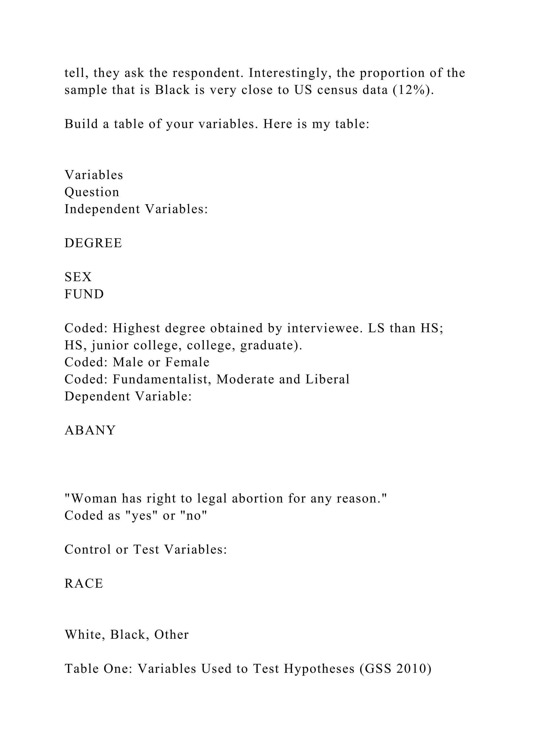 tell, they ask the respondent. Interestingly, the proportion of the
sample that is Black is very close to US census data (12%).
Build a table of your variables. Here is my table:
Variables
Question
Independent Variables:
DEGREE
SEX
FUND
Coded: Highest degree obtained by interviewee. LS than HS;
HS, junior college, college, graduate).
Coded: Male or Female
Coded: Fundamentalist, Moderate and Liberal
Dependent Variable:
ABANY
"Woman has right to legal abortion for any reason."
Coded as "yes" or "no"
Control or Test Variables:
RACE
White, Black, Other
Table One: Variables Used to Test Hypotheses (GSS 2010)
 