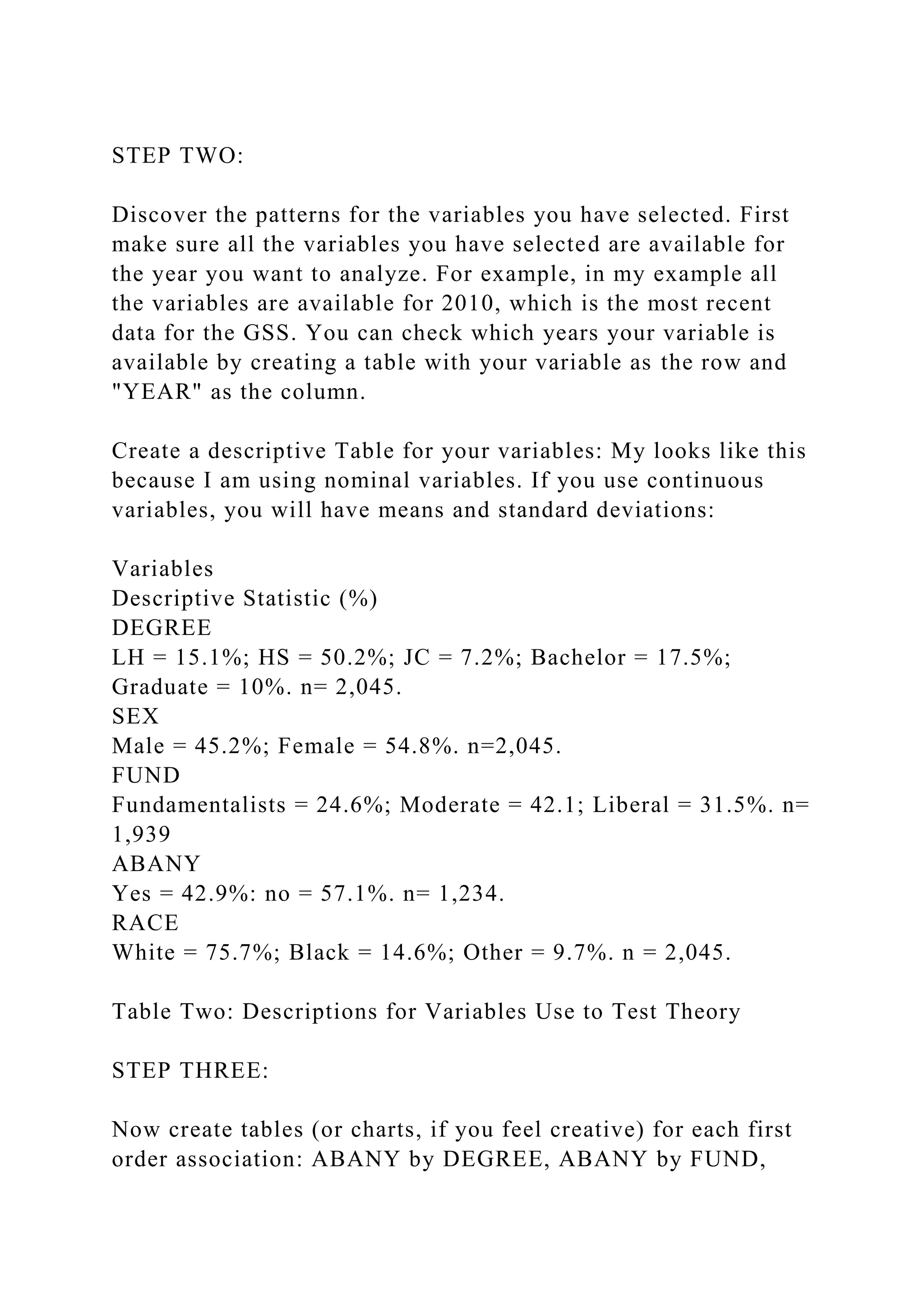 STEP TWO:
Discover the patterns for the variables you have selected. First
make sure all the variables you have selected are available for
the year you want to analyze. For example, in my example all
the variables are available for 2010, which is the most recent
data for the GSS. You can check which years your variable is
available by creating a table with your variable as the row and
"YEAR" as the column.
Create a descriptive Table for your variables: My looks like this
because I am using nominal variables. If you use continuous
variables, you will have means and standard deviations:
Variables
Descriptive Statistic (%)
DEGREE
LH = 15.1%; HS = 50.2%; JC = 7.2%; Bachelor = 17.5%;
Graduate = 10%. n= 2,045.
SEX
Male = 45.2%; Female = 54.8%. n=2,045.
FUND
Fundamentalists = 24.6%; Moderate = 42.1; Liberal = 31.5%. n=
1,939
ABANY
Yes = 42.9%: no = 57.1%. n= 1,234.
RACE
White = 75.7%; Black = 14.6%; Other = 9.7%. n = 2,045.
Table Two: Descriptions for Variables Use to Test Theory
STEP THREE:
Now create tables (or charts, if you feel creative) for each first
order association: ABANY by DEGREE, ABANY by FUND,
 