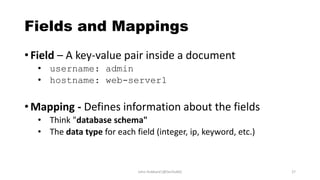 Fields and Mappings
• Field – A key-value pair inside a document
• username: admin
• hostname: web-server1
• Mapping - Defines information about the fields
• Think "database schema"
• The data type for each field (integer, ip, keyword, etc.)
John Hubbard [@SecHubb] 27
 