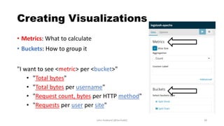 Creating Visualizations
• Metrics: What to calculate
• Buckets: How to group it
"I want to see <metric> per <bucket>"
• "Total bytes"
• "Total bytes per username"
• "Request count, bytes per HTTP method"
• "Requests per user per site"
John Hubbard [@SecHubb] 38
 