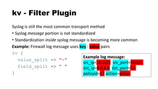 kv - Filter Plugin
Syslog is still the most common transport method
• Syslog message portion is not standardized
• Standardization inside syslog message is becoming more common
Example: Firewall log message uses key : value pairs
kv {
value_split => "="
field_split => " "
}
Example log message:
src_ip=10.0.01 src_port=50001
dst_ip=8.8.8.8 dst_port=53
policyid=17 action=allow
 