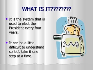 WHAT IS IT???????? It is the system that is used to elect the President every four years. It can be a little difficult to understand so let’s take it one step at a time. 