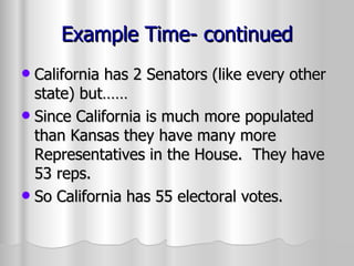 Example Time- continued California has 2 Senators (like every other state) but…… Since California is much more populated than Kansas they have many more Representatives in the House.  They have 53 reps. So California has 55 electoral votes. 