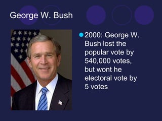 George W. Bush

                 2000: George W.
                  Bush lost the
                  popular vote by
                  540,000 votes,
                  but wont he
                  electoral vote by
                  5 votes
 
