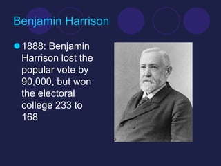 Benjamin Harrison

1888: Benjamin
 Harrison lost the
 popular vote by
 90,000, but won
 the electoral
 college 233 to
 168
 