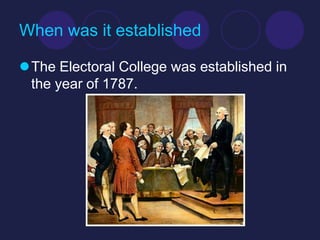 When was it established

The Electoral College was established in
 the year of 1787.
 