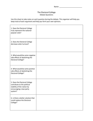 Name:	
  _________________________	
  
The	
  Electoral	
  College	
  
Debate	
  Questions	
  
	
  
Use	
  this	
  sheet	
  to	
  take	
  notes	
  on	
  each	
  question	
  during	
  the	
  debate.	
  This	
  organizer	
  will	
  help	
  you	
  
keep	
  track	
  of	
  each	
  argument	
  and	
  help	
  you	
  form	
  your	
  own	
  opinions.	
  	
  
	
  
	
  
1.	
  Does	
  the	
  Electoral	
  College	
  
truly	
  represent	
  the	
  national	
  
popular	
  vote?	
  
	
  
	
  
	
  
	
  
	
  
	
  
	
  
	
  
2.	
  Does	
  the	
  Electoral	
  College	
  
decrease	
  voter	
  turnout?	
  
	
  
	
  
	
  
	
  
	
  
	
  
	
  
	
  
3.	
  What	
  would	
  be	
  some	
  negative	
  
side	
  effects	
  of	
  abolishing	
  the	
  
Electoral	
  College?	
  
	
  
	
  
	
  
	
  
	
  
	
  
	
  
	
  
4.	
  What	
  would	
  be	
  some	
  positive	
  
side	
  effects	
  of	
  abolishing	
  the	
  
Electoral	
  College?	
  
	
  
	
  
	
  
	
  
	
  
	
  
	
  
	
  
5.	
  Does	
  the	
  Electoral	
  College	
  
contribute	
  to	
  the	
  political	
  
stability	
  of	
  the	
  nation	
  by	
  
encouraging	
  a	
  two-­‐party	
  
system?	
  
	
  
	
  
	
  
	
  
	
  
	
  
	
  
	
  
6.	
  Is	
  there	
  a	
  better	
  solution	
  that	
  
could	
  replace	
  the	
  Electoral	
  
College?	
  
	
  
	
  
	
  
	
  
	
  
	
  
	
  
	
  
	
  
 