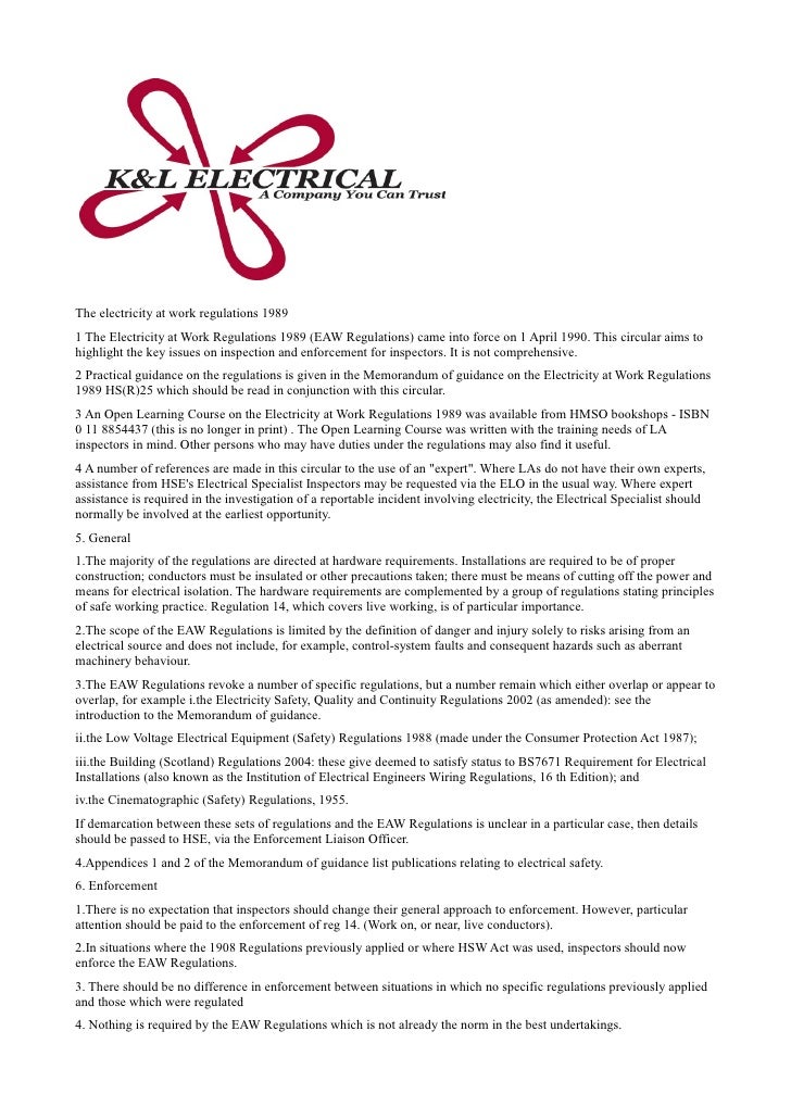 The electricity at work regulations 1989