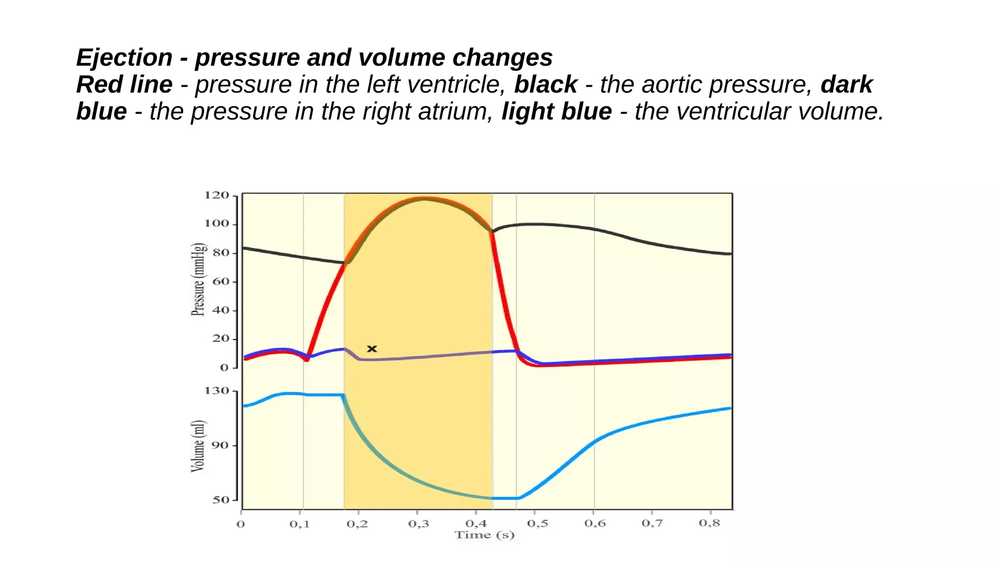 Ejection - pressure and volume changes
Red line - pressure in the left ventricle, black - the aortic pressure, dark
blue - the pressure in the right atrium, light blue - the ventricular volume.
 