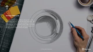 Always improve
It’s in our DNA to never settle, to always be curious
and forward leaning. We ask the hard questions, see
opportunities where others see problems and make
things happen. Because that’s what it takes to shape
living for the better - ideas, grit and the full power of
55 000 change makers across the globe.
1 5 01. Why work at Electrolux
 