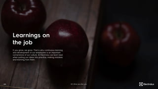 44
If you grow, we grow. That is why continuous learning
and development of our employees is an important
cornerstone of our culture. At Electrolux we learn best
when putting our ideas into practice, making mistakes
and learning from them.
Learnings on
the job
03. What we offer you
 