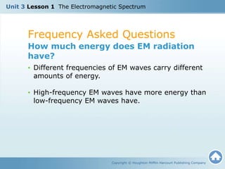Frequency Asked Questions
Copyright © Houghton Mifflin Harcourt Publishing Company
How much energy does EM radiation
have?
• Different frequencies of EM waves carry different
amounts of energy.
• High-frequency EM waves have more energy than
low-frequency EM waves have.
Unit 3 Lesson 1 The Electromagnetic Spectrum
 