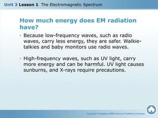 How much energy does EM radiation
have?
• Because low-frequency waves, such as radio
waves, carry less energy, they are safer. Walkie-
talkies and baby monitors use radio waves.
• High-frequency waves, such as UV light, carry
more energy and can be harmful. UV light causes
sunburns, and X-rays require precautions.
Copyright © Houghton Mifflin Harcourt Publishing Company
Unit 3 Lesson 1 The Electromagnetic Spectrum
 