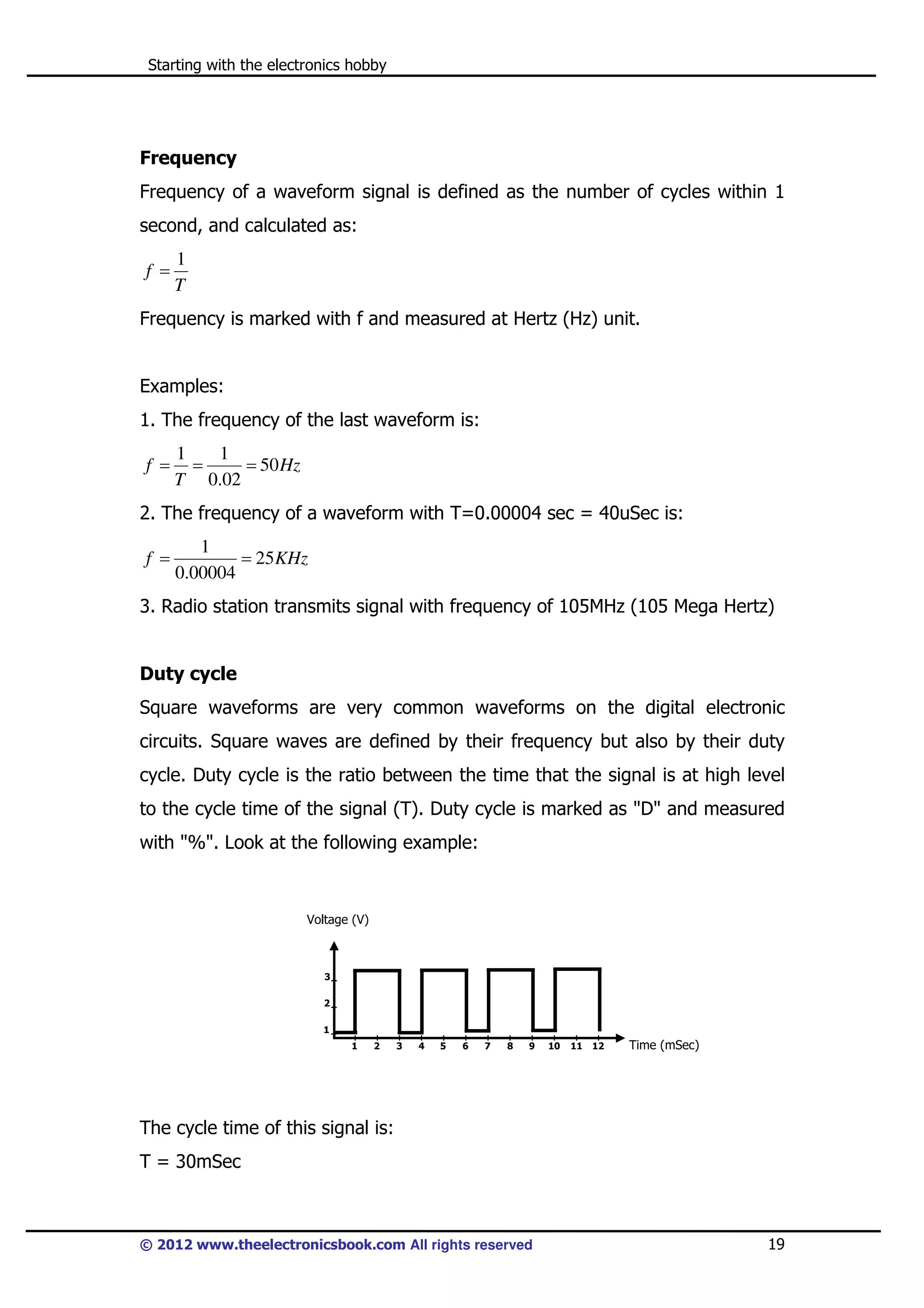 Starting with the electronics hobby

Frequency
Frequency of a waveform signal is defined as the number of cycles within 1
second, and calculated as:
f =

1
T

Frequency is marked with f and measured at Hertz (Hz) unit.

Examples:
1. The frequency of the last waveform is:
f =

1
1
=
= 50 Hz
T 0.02

2. The frequency of a waveform with T=0.00004 sec = 40uSec is:
f =

1
= 25 KHz
0.00004

3. Radio station transmits signal with frequency of 105MHz (105 Mega Hertz)

Duty cycle
Square waveforms are very common waveforms on the digital electronic
circuits. Square waves are defined by their frequency but also by their duty
cycle. Duty cycle is the ratio between the time that the signal is at high level
to the cycle time of the signal (T). Duty cycle is marked as "D" and measured
with "%". Look at the following example:

Voltage (V)

3
2
1
1

2

3

4

5

6

7

8

9

10

11

12

Time (mSec)

The cycle time of this signal is:
T = 30mSec

© 2012 www.theelectronicsbook.com All rights reserved

19

 