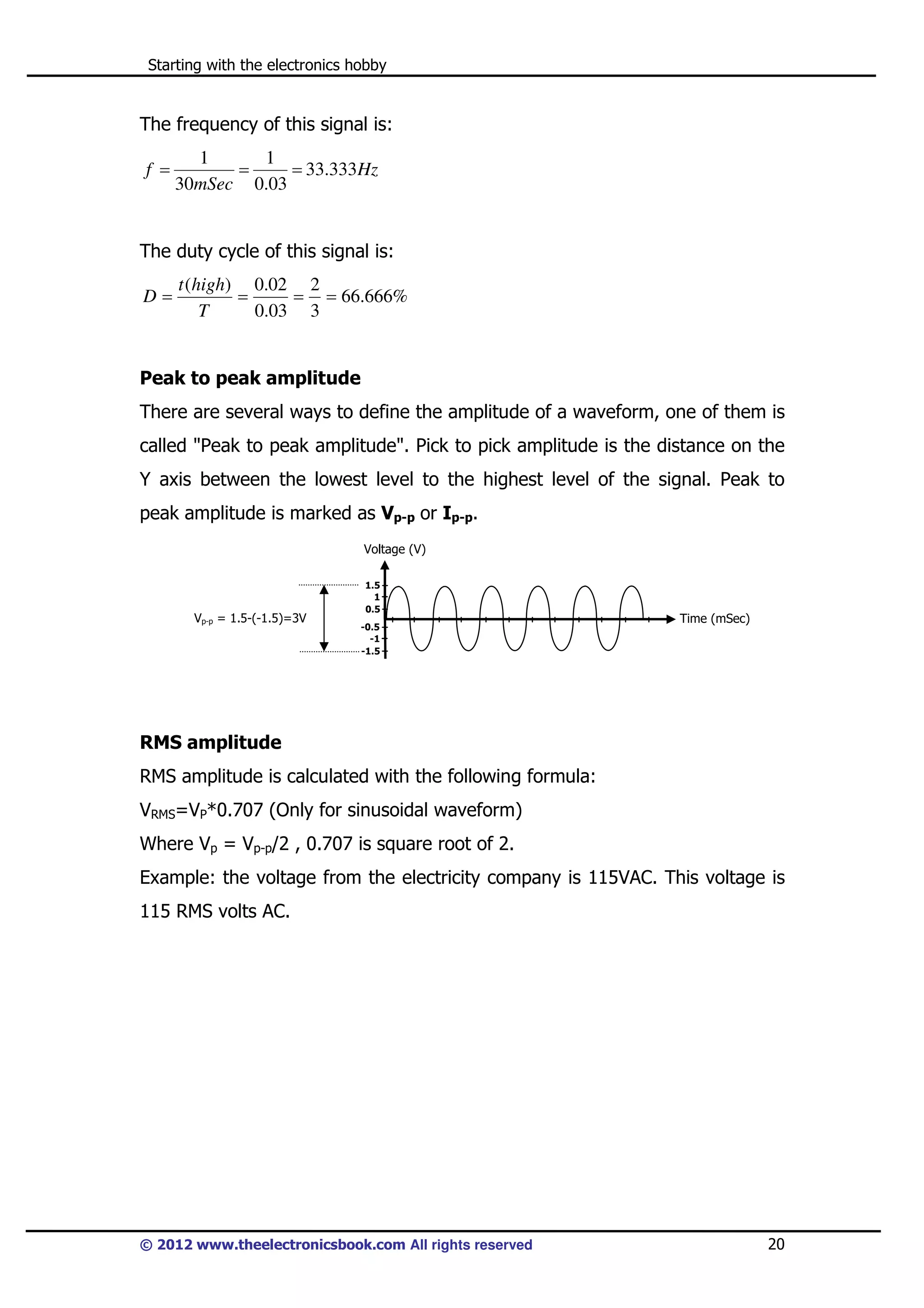 Starting with the electronics hobby

The frequency of this signal is:
f =

1
1
=
= 33.333Hz
30mSec 0.03

The duty cycle of this signal is:
D=

t (high) 0.02 2
=
= = 66.666%
T
0.03 3

Peak to peak amplitude
There are several ways to define the amplitude of a waveform, one of them is
called "Peak to peak amplitude". Pick to pick amplitude is the distance on the
Y axis between the lowest level to the highest level of the signal. Peak to
peak amplitude is marked as Vp-p or Ip-p.
Voltage (V)

Vp-p = 1.5-(-1.5)=3V

1.5
1
0.5
-0.5
-1
-1.5

Time (mSec)

RMS amplitude
RMS amplitude is calculated with the following formula:
VRMS=VP*0.707 (Only for sinusoidal waveform)
Where Vp = Vp-p/2 , 0.707 is square root of 2.
Example: the voltage from the electricity company is 115VAC. This voltage is
115 RMS volts AC.

© 2012 www.theelectronicsbook.com All rights reserved

20

 