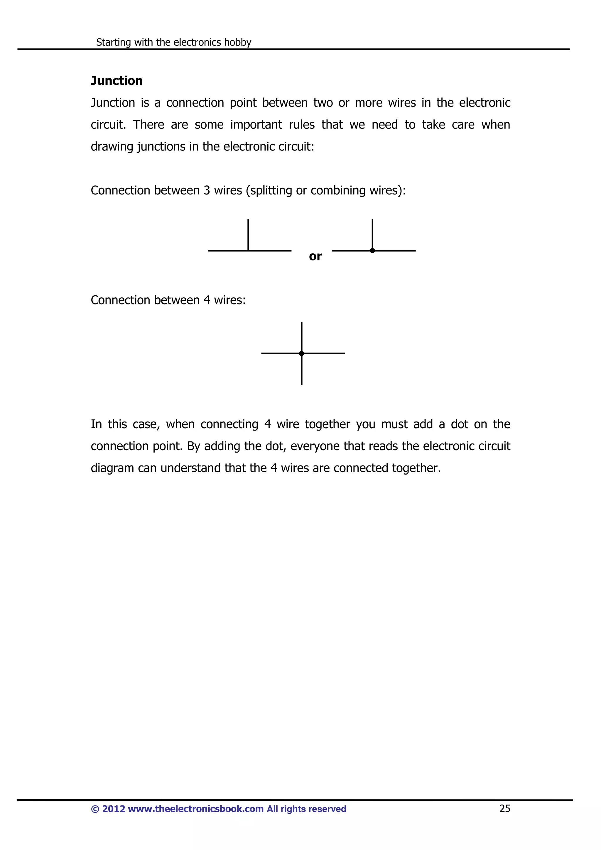 Starting with the electronics hobby

Junction
Junction is a connection point between two or more wires in the electronic
circuit. There are some important rules that we need to take care when
drawing junctions in the electronic circuit:

Connection between 3 wires (splitting or combining wires):

or

Connection between 4 wires:

In this case, when connecting 4 wire together you must add a dot on the
connection point. By adding the dot, everyone that reads the electronic circuit
diagram can understand that the 4 wires are connected together.

© 2012 www.theelectronicsbook.com All rights reserved

25

 