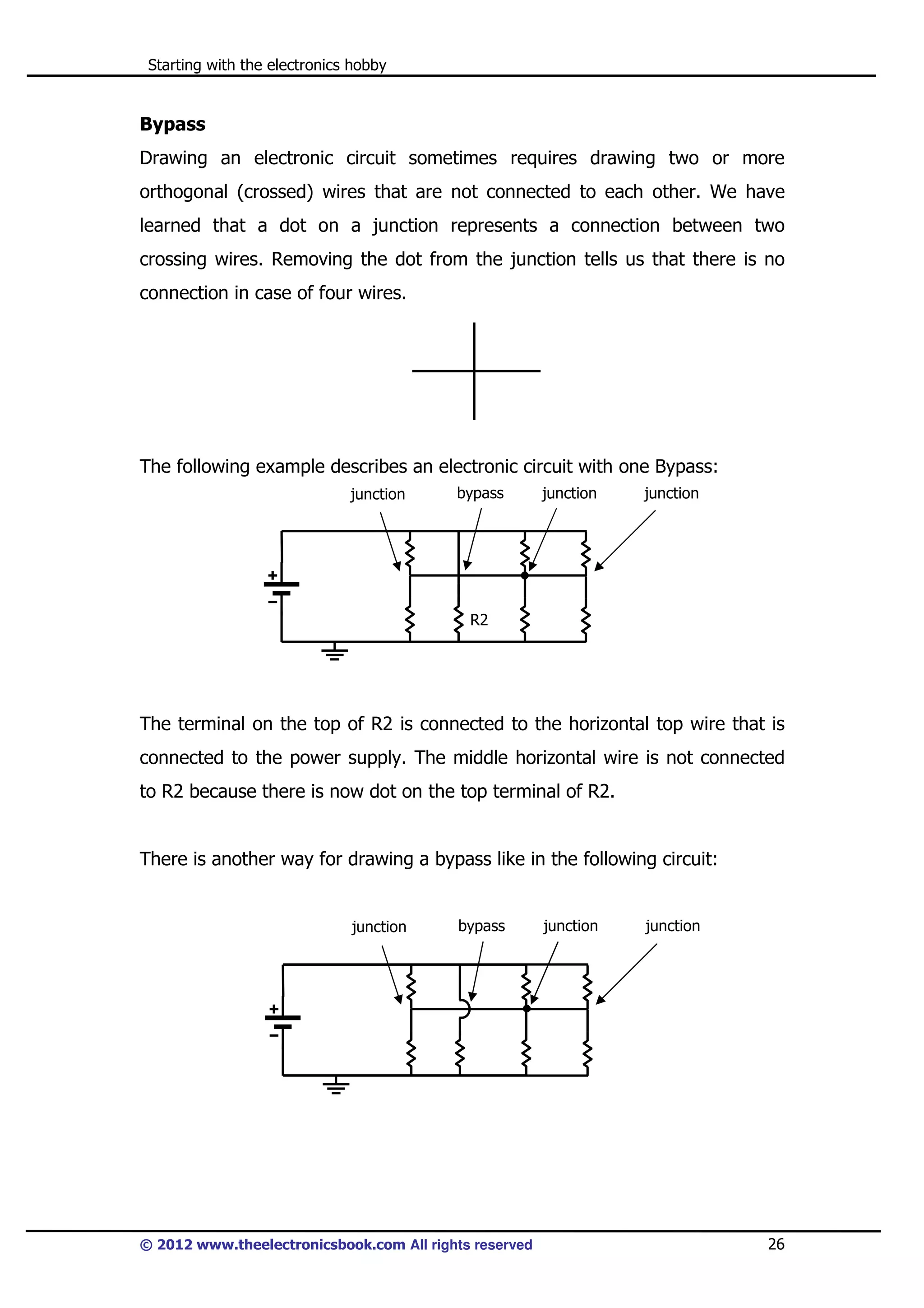 Starting with the electronics hobby

Bypass
Drawing an electronic circuit sometimes requires drawing two or more
orthogonal (crossed) wires that are not connected to each other. We have
learned that a dot on a junction represents a connection between two
crossing wires. Removing the dot from the junction tells us that there is no
connection in case of four wires.

The following example describes an electronic circuit with one Bypass:
junction

bypass

junction

junction

R2

The terminal on the top of R2 is connected to the horizontal top wire that is
connected to the power supply. The middle horizontal wire is not connected
to R2 because there is now dot on the top terminal of R2.

There is another way for drawing a bypass like in the following circuit:

junction

bypass

© 2012 www.theelectronicsbook.com All rights reserved

junction

junction

26

 