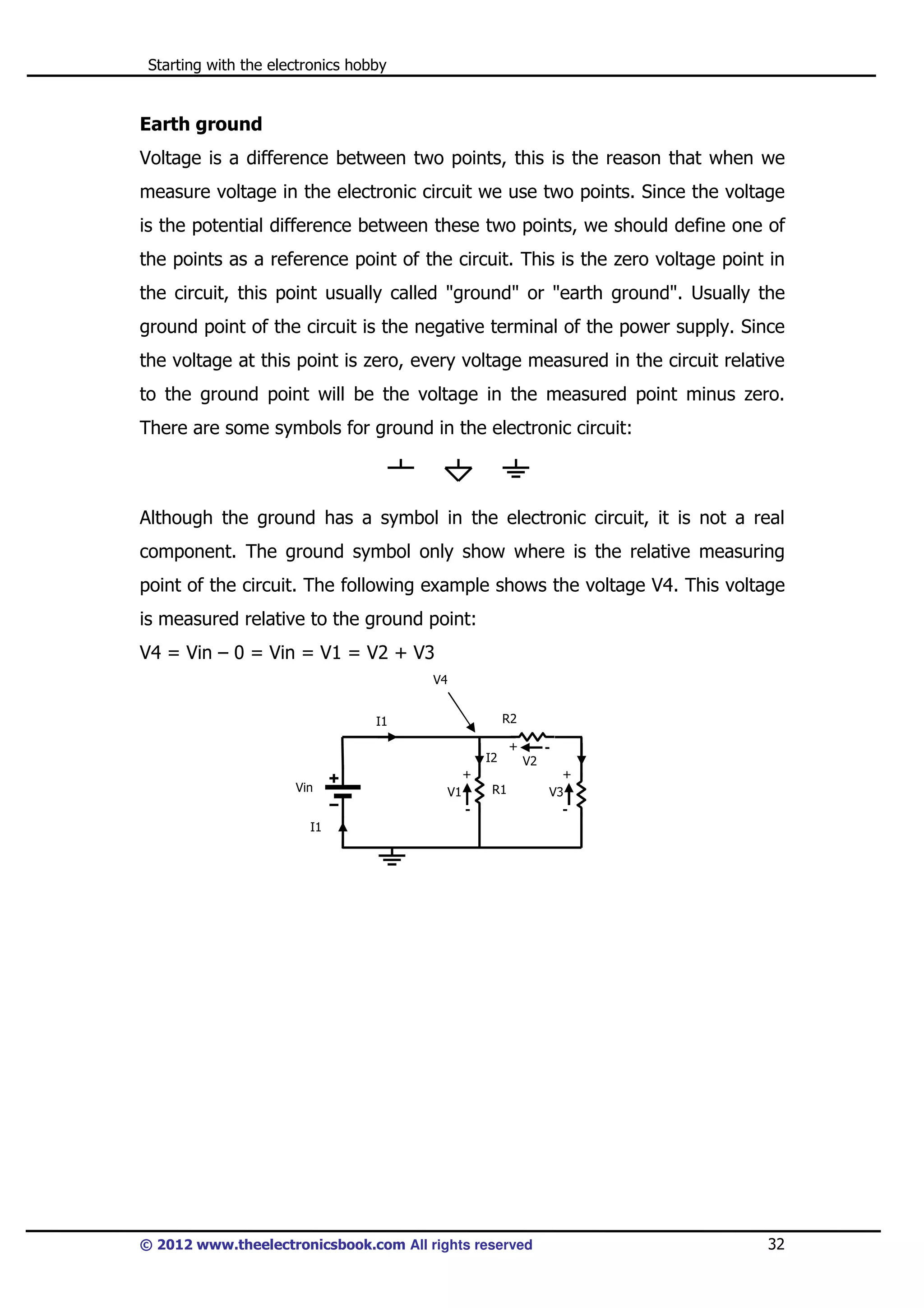 Starting with the electronics hobby

Earth ground
Voltage is a difference between two points, this is the reason that when we
measure voltage in the electronic circuit we use two points. Since the voltage
is the potential difference between these two points, we should define one of
the points as a reference point of the circuit. This is the zero voltage point in
the circuit, this point usually called "ground" or "earth ground". Usually the
ground point of the circuit is the negative terminal of the power supply. Since
the voltage at this point is zero, every voltage measured in the circuit relative
to the ground point will be the voltage in the measured point minus zero.
There are some symbols for ground in the electronic circuit:

Although the ground has a symbol in the electronic circuit, it is not a real
component. The ground symbol only show where is the relative measuring
point of the circuit. The following example shows the voltage V4. This voltage
is measured relative to the ground point:
V4 = Vin – 0 = Vin = V1 = V2 + V3
V4
R2

I1
I2

+

V2

+
Vin

R1

V1
-

+
V3
-

I1

© 2012 www.theelectronicsbook.com All rights reserved

32

 