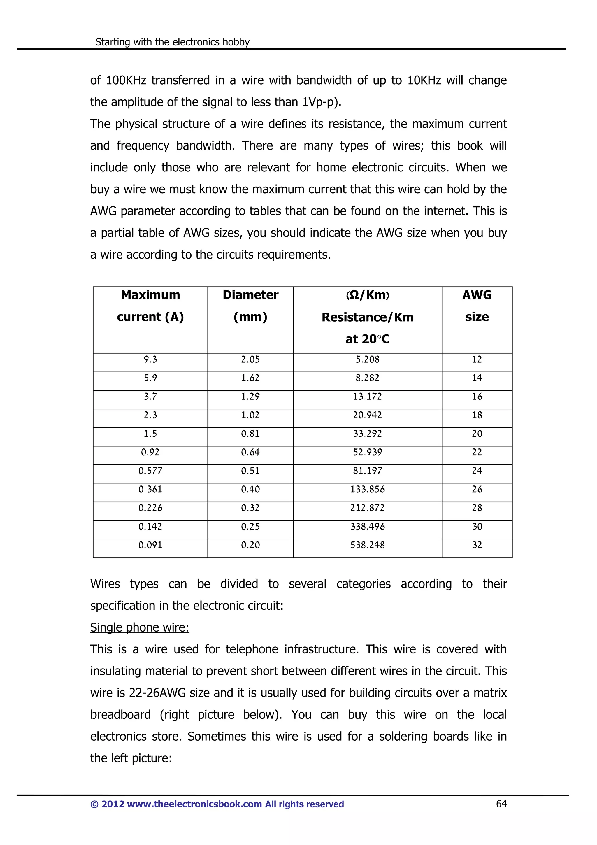 Starting with the electronics hobby

of 100KHz transferred in a wire with bandwidth of up to 10KHz will change
the amplitude of the signal to less than 1Vp-p).
The physical structure of a wire defines its resistance, the maximum current
and frequency bandwidth. There are many types of wires; this book will
include only those who are relevant for home electronic circuits. When we
buy a wire we must know the maximum current that this wire can hold by the
AWG parameter according to tables that can be found on the internet. This is
a partial table of AWG sizes, you should indicate the AWG size when you buy
a wire according to the circuits requirements.
Maximum

Diameter

( /Km)

AWG

current (A)

(mm)

Resistance/Km

size

at 20°C
9.3

2.05

5.208

12

5.9

1.62

8.282

14

3.7

1.29

13.172

16

2.3

1.02

20.942

18

1.5

0.81

33.292

20

0.92

0.64

52.939

22

0.577

0.51

81.197

24

0.361

0.40

133.856

26

0.226

0.32

212.872

28

0.142

0.25

338.496

30

0.091

0.20

538.248

32

Wires types can be divided to several categories according to their
specification in the electronic circuit:
Single phone wire:
This is a wire used for telephone infrastructure. This wire is covered with
insulating material to prevent short between different wires in the circuit. This
wire is 22-26AWG size and it is usually used for building circuits over a matrix
breadboard (right picture below). You can buy this wire on the local
electronics store. Sometimes this wire is used for a soldering boards like in
the left picture:

© 2012 www.theelectronicsbook.com All rights reserved

64

 