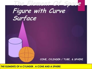 The Element Of Space
Figure with Curve
Surface
CONE, CYLINDER / TUBE. & SPHERE
THE ELEMENTS OF A CYLINDER , A CONE AND A SPHERE
 