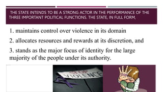 THE STATE INTENDS TO BE A STRONG ACTOR IN THE PERFORMANCE OF THE
THREE IMPORTANT POLITICAL FUNCTIONS. THE STATE, IN FULL FORM,
1. maintains control over violence in its domain
2. allocates resources and rewards at its discretion, and
3. stands as the major focus of identity for the large
majority of the people under its authority.
 