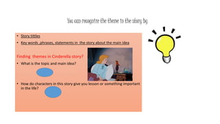 You can recognize the theme in the story by 
• Story tittles 
• Key words ,phrases, statements in the story about the main idea 
Finding themes in Cinderella story? 
• What is the topic and main idea? 
• How do characters in this story give you lesson or something important 
in the life? 
 