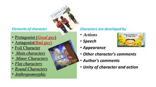 Elements of character 
• Protagonist (Good guy) 
• Antagonist(Bad guy) 
• Foil Character 
• Main characters 
• Minor Characters 
• Flat characters 
• Round Characters 
• Anthropomorphic 
Characters are developed by 
• Actions 
• Speech 
• Appearance 
• Other character's comments 
• Author's comments 
• Unity of character and action 
 