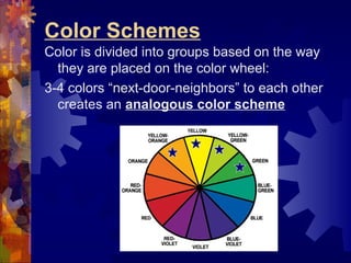Color Schemes
Color is divided into groups based on the way
they are placed on the color wheel:
3-4 colors “next-door-neig...