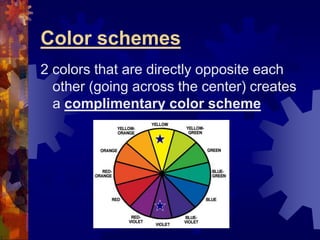 Color schemes
2 colors that are directly opposite each
other (going across the center) creates
a complimentary color scheme
 
