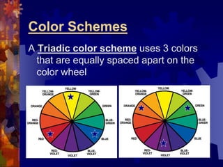 Color Schemes
A Triadic color scheme uses 3 colors
that are equally spaced apart on the
color wheel
 