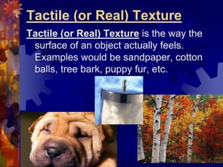Tactile (or Real) Texture
Tactile (or Real) Texture is the way the
surface of an object actually feels.
Examples would be sandpaper, cotton
balls, tree bark, puppy fur, etc.
 