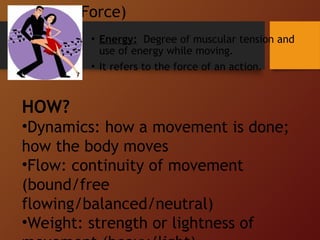 Energy (Force)
• Energy: Degree of muscular tension and
use of energy while moving.
• It refers to the force of an action.
HOW?
•Dynamics: how a movement is done;
how the body moves
•Flow: continuity of movement
(bound/free
flowing/balanced/neutral)
•Weight: strength or lightness of
 