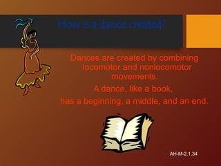 How is a dance created?
Dances are created by combining
locomotor and nonlocomotor
movements.
A dance, like a book,
has a beginning, a middle, and an end.
AH-M-2.1.34
 