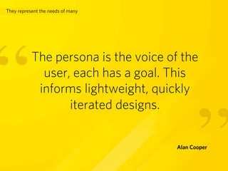 They represent the needs of many




“          The persona is the voice of the
             user, each has a goal. This
            informs lightweight, quickly
                  iterated designs.  



                                             ”
                                      Alan Cooper
 
