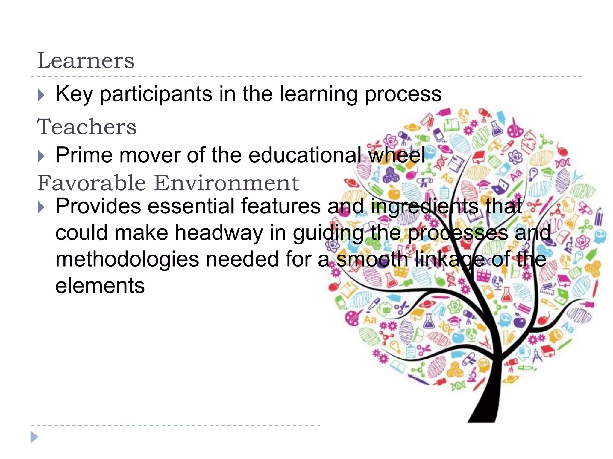 Learners
 Prime mover of the educational wheel
 Key participants in the learning process
Favorable Environment
 Provides essential features and ingredients that
could make headway in guiding the processes and
methodologies needed for a smooth linkage of the
elements
Teachers
 